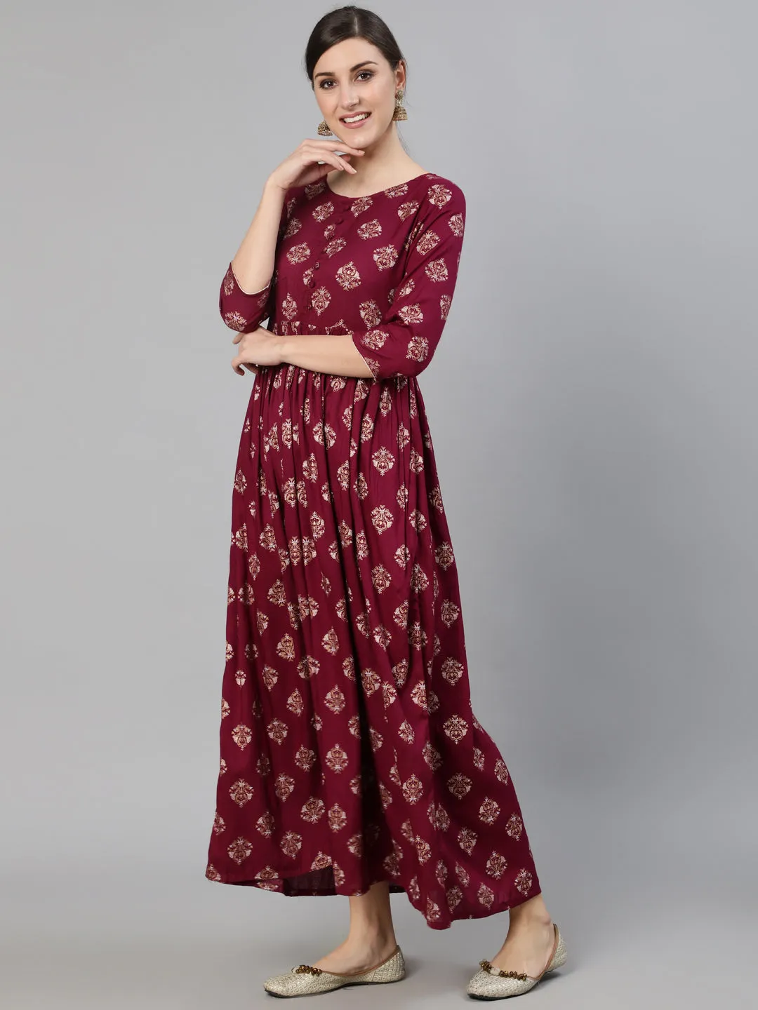 Women Burgundy Ethnic Printed Dress With Three Quarter Sleeves