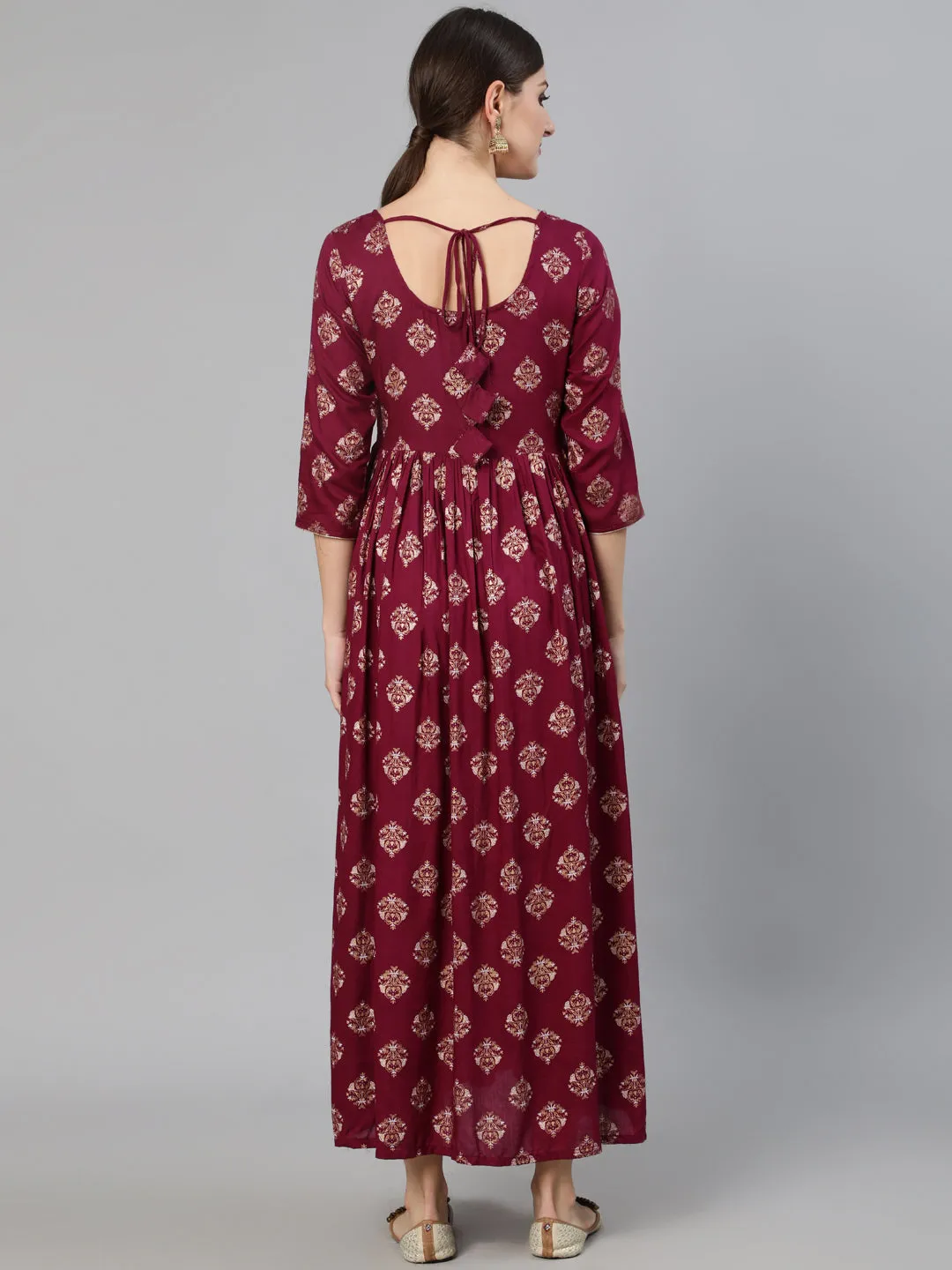 Women Burgundy Ethnic Printed Dress With Three Quarter Sleeves