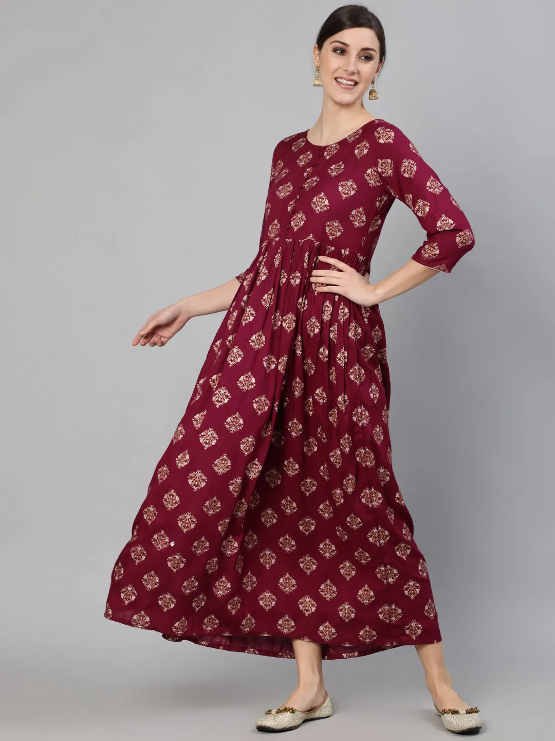 Women Burgundy Ethnic Printed Dress With Three Quarter Sleeves