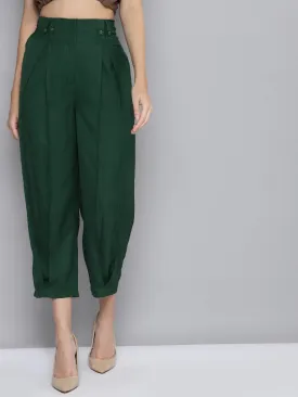 Women Emerald Green Front Pleat Pants