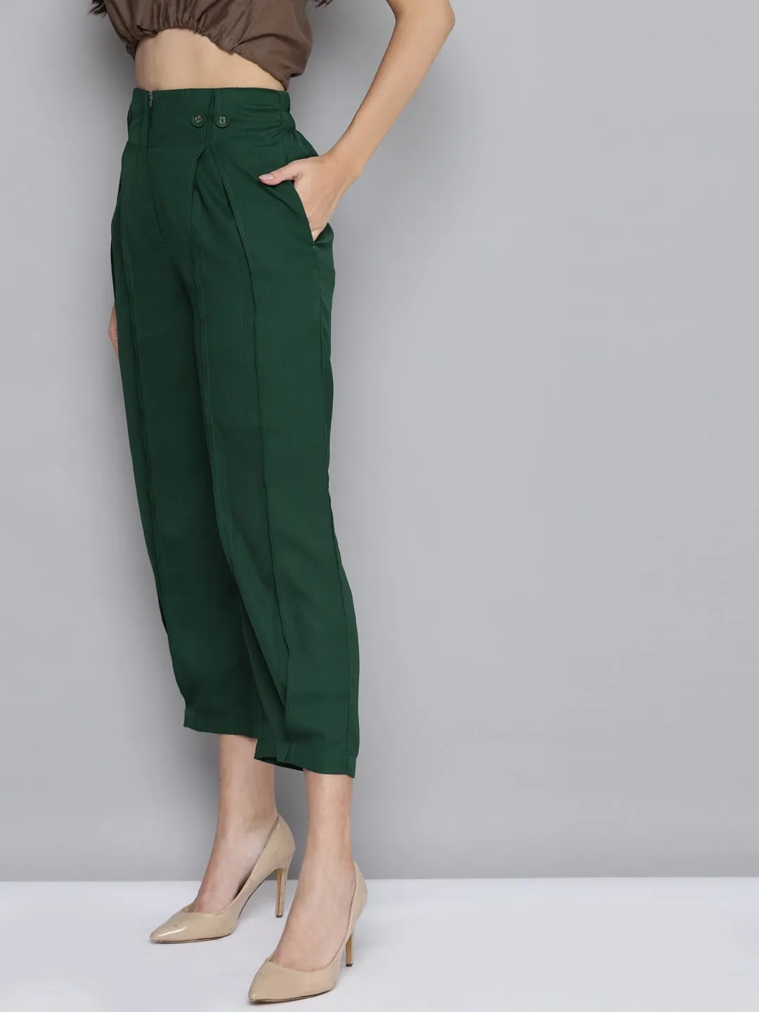 Women Emerald Green Front Pleat Pants