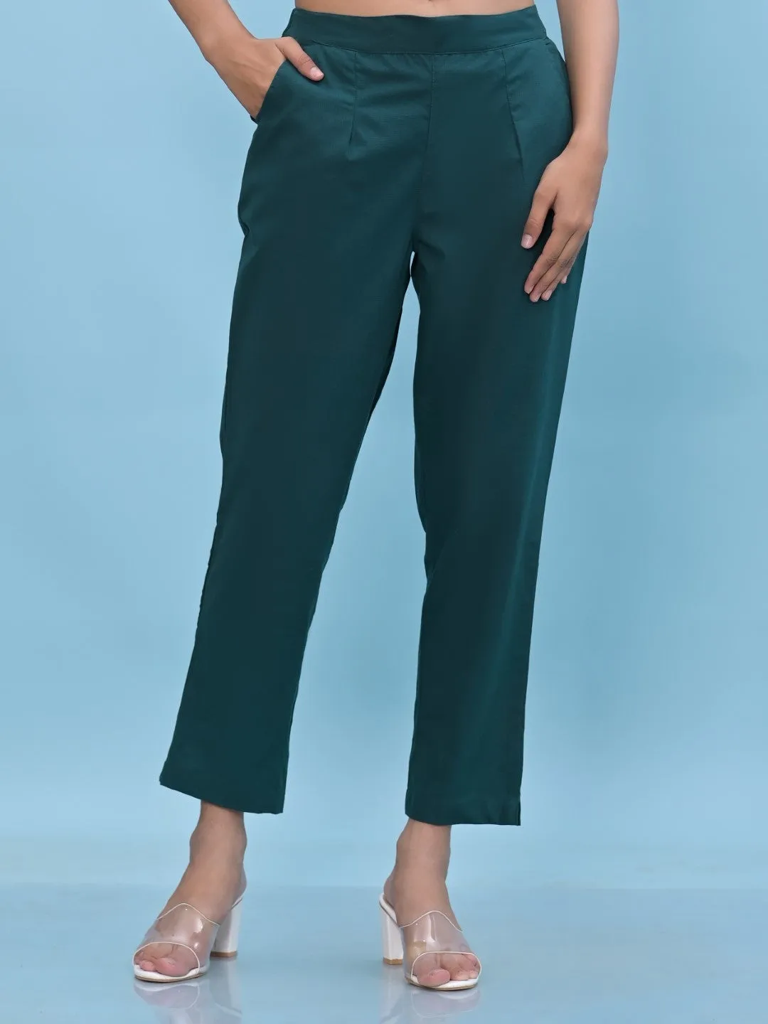 Women Green Solid Cotton Pants With Partially Elasticated Waistband And Two Side Pockets