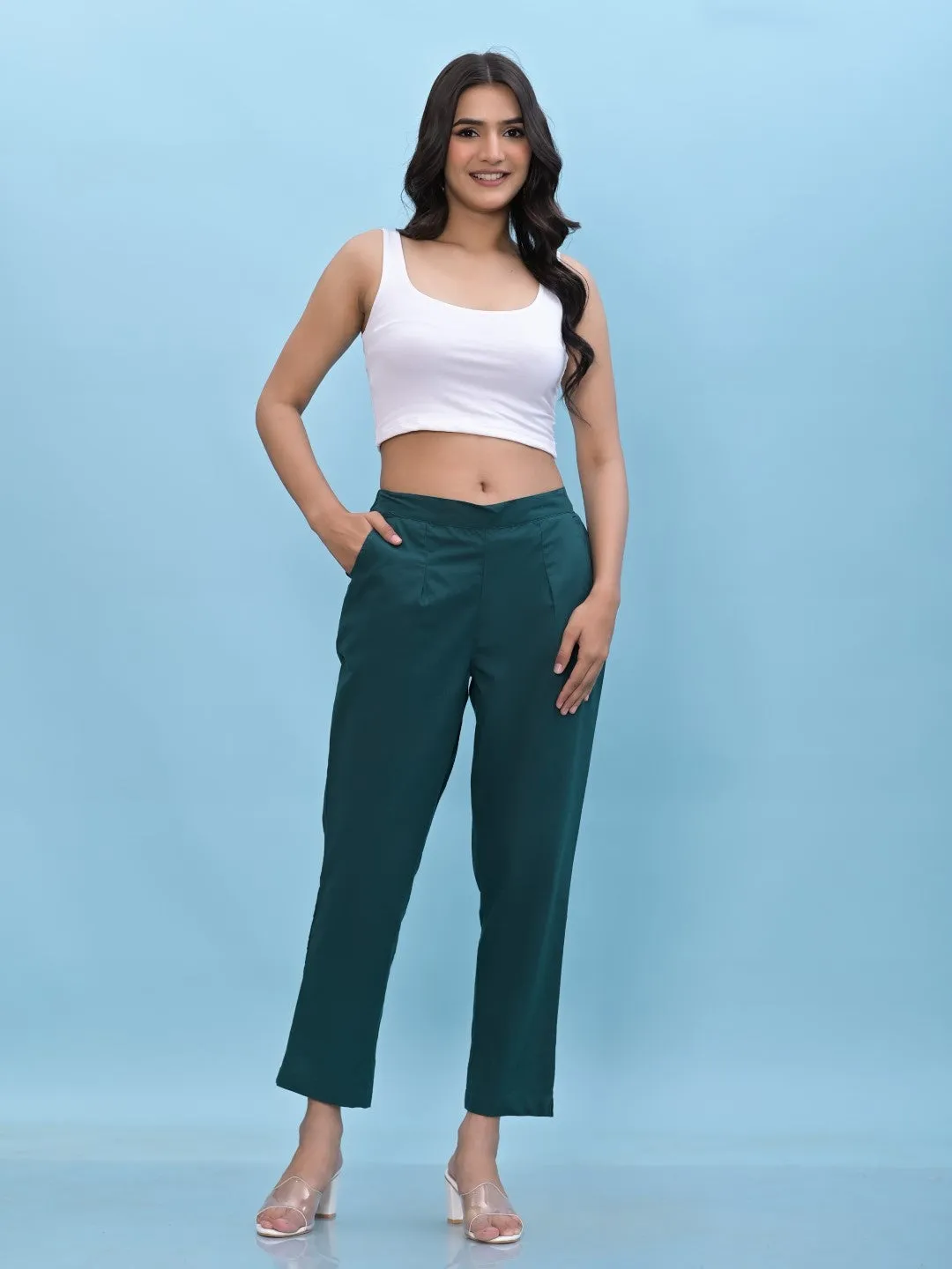 Women Green Solid Cotton Pants With Partially Elasticated Waistband And Two Side Pockets