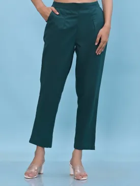 Women Green Solid Cotton Pants With Partially Elasticated Waistband And Two Side Pockets