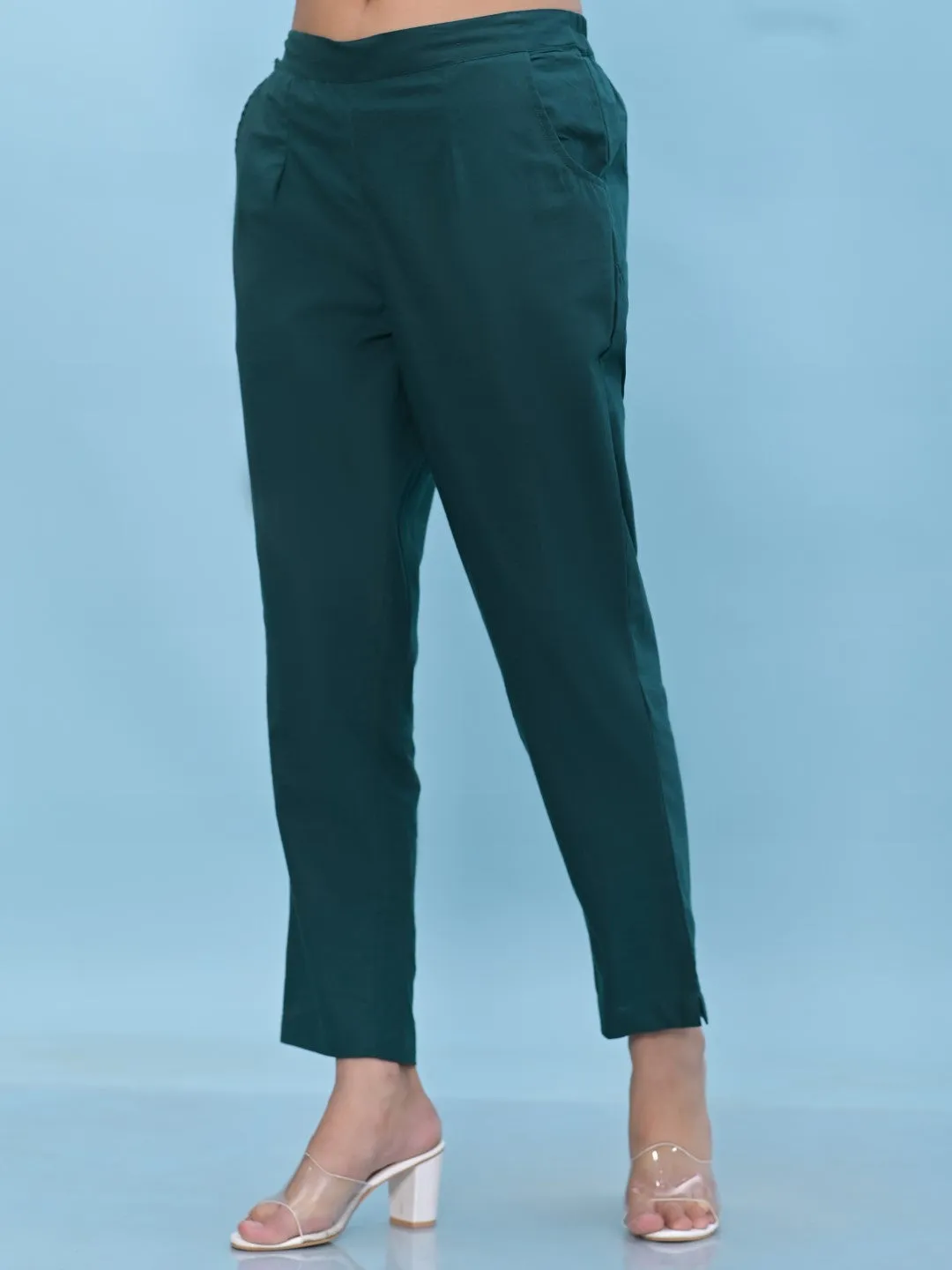 Women Green Solid Cotton Pants With Partially Elasticated Waistband And Two Side Pockets