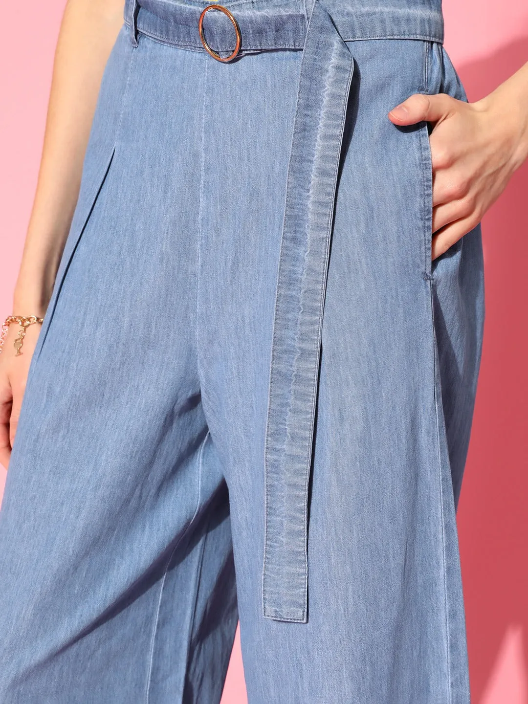 Women Ice Blue Denim Flared Belted Pants