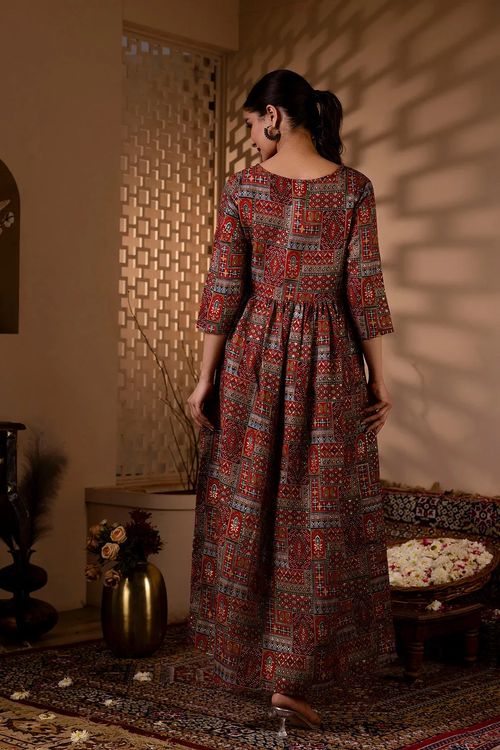 Women Maroon Abstract Printed Flared Dress