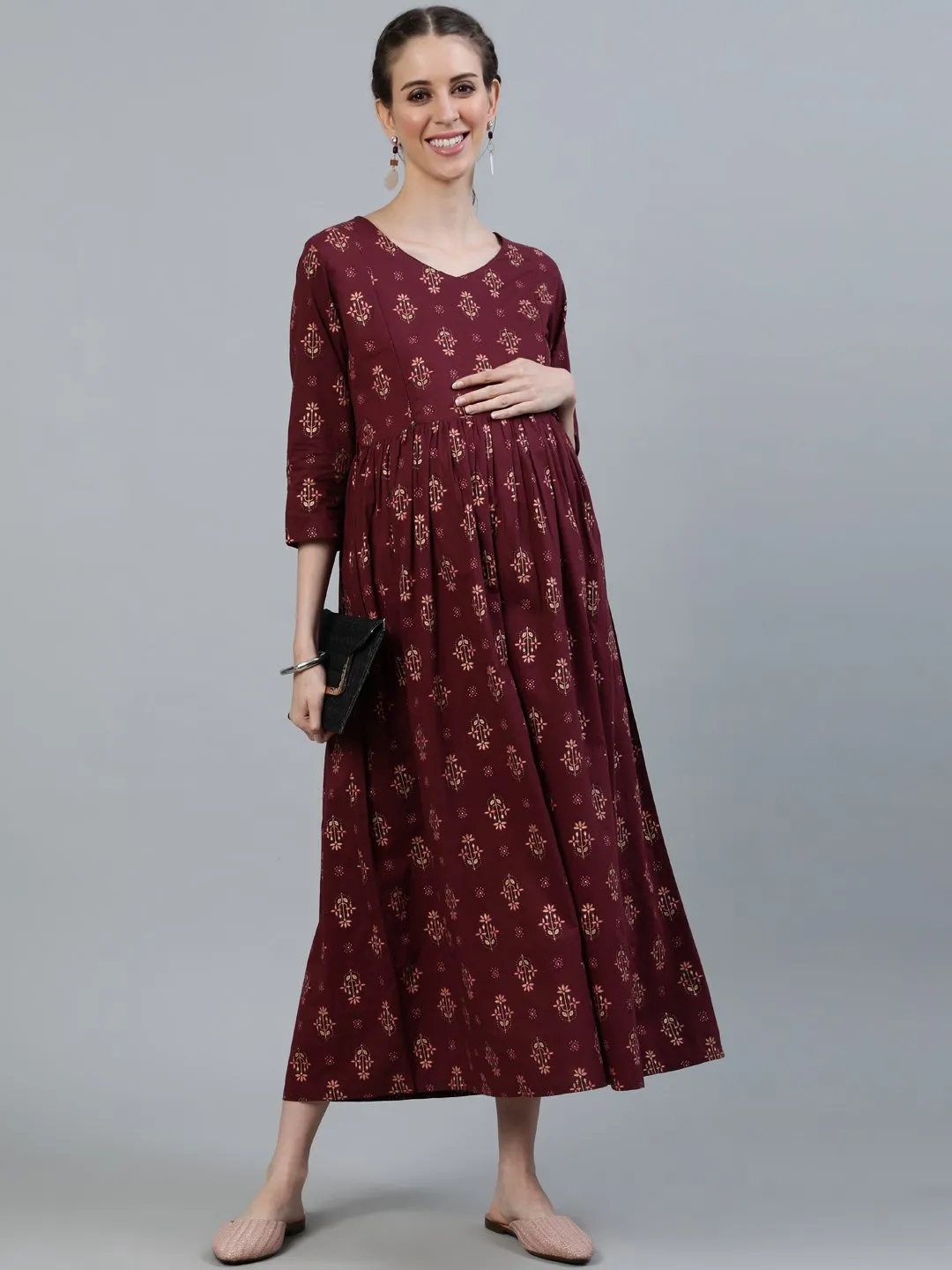 Women Maroon Printed Flared Maternity Dress With Three Quarters Sleeves & Belt