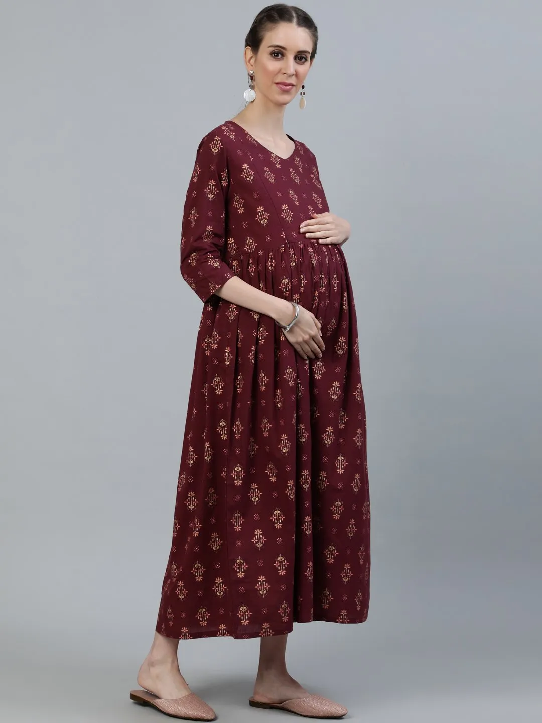 Women Maroon Printed Flared Maternity Dress With Three Quarters Sleeves & Belt