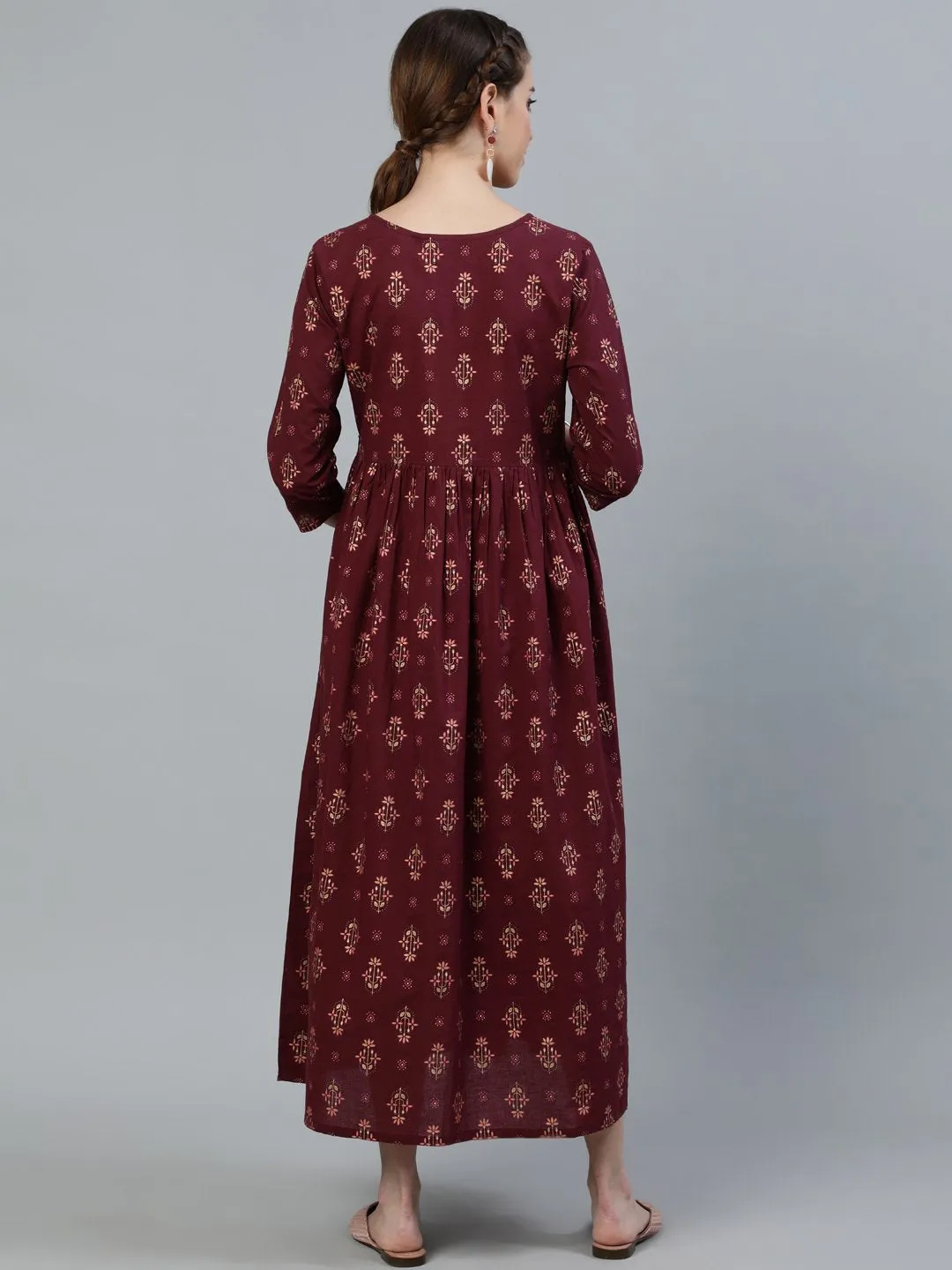 Women Maroon Printed Flared Maternity Dress With Three Quarters Sleeves & Belt