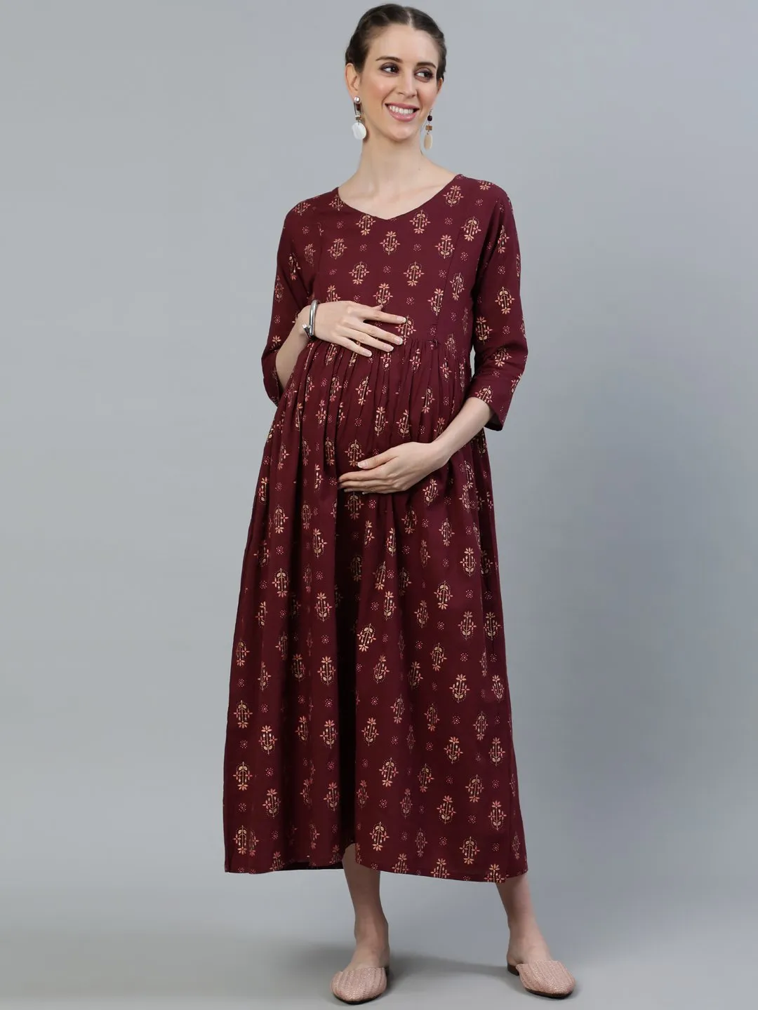 Women Maroon Printed Flared Maternity Dress With Three Quarters Sleeves & Belt