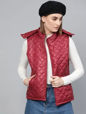 Women Maroon Quilted Sleeveless Hood Jacket