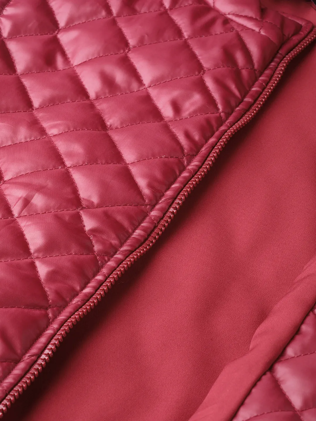 Women Maroon Quilted Sleeveless Hood Jacket