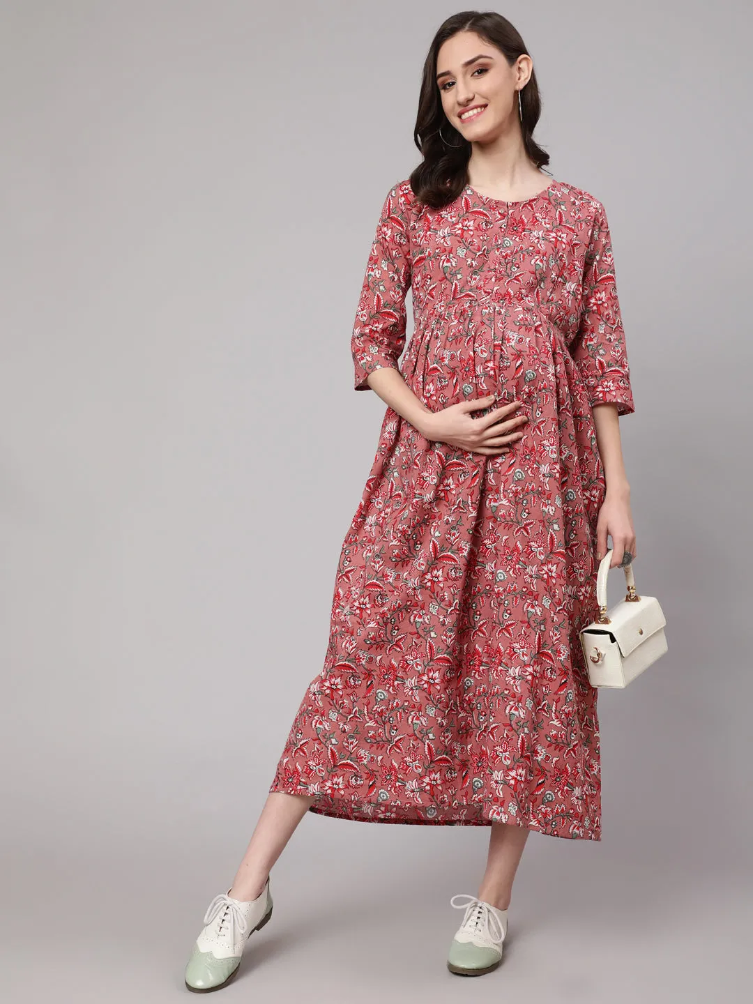 Women Mauve Floral Printed Flared Maternity Dress