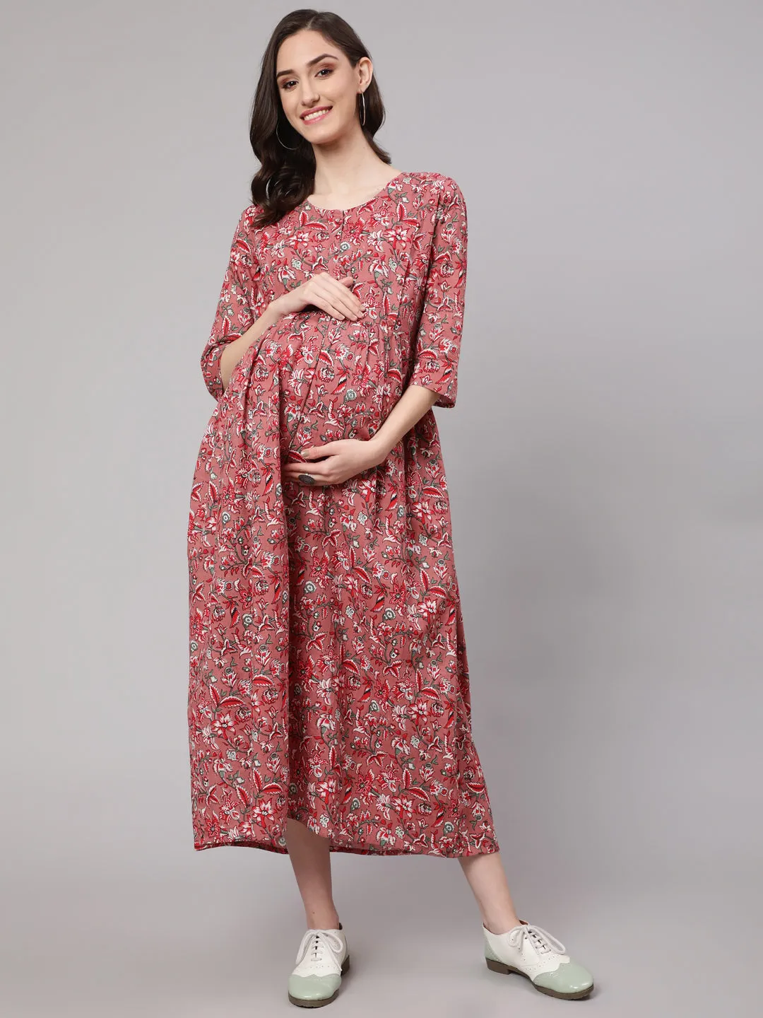 Women Mauve Floral Printed Flared Maternity Dress