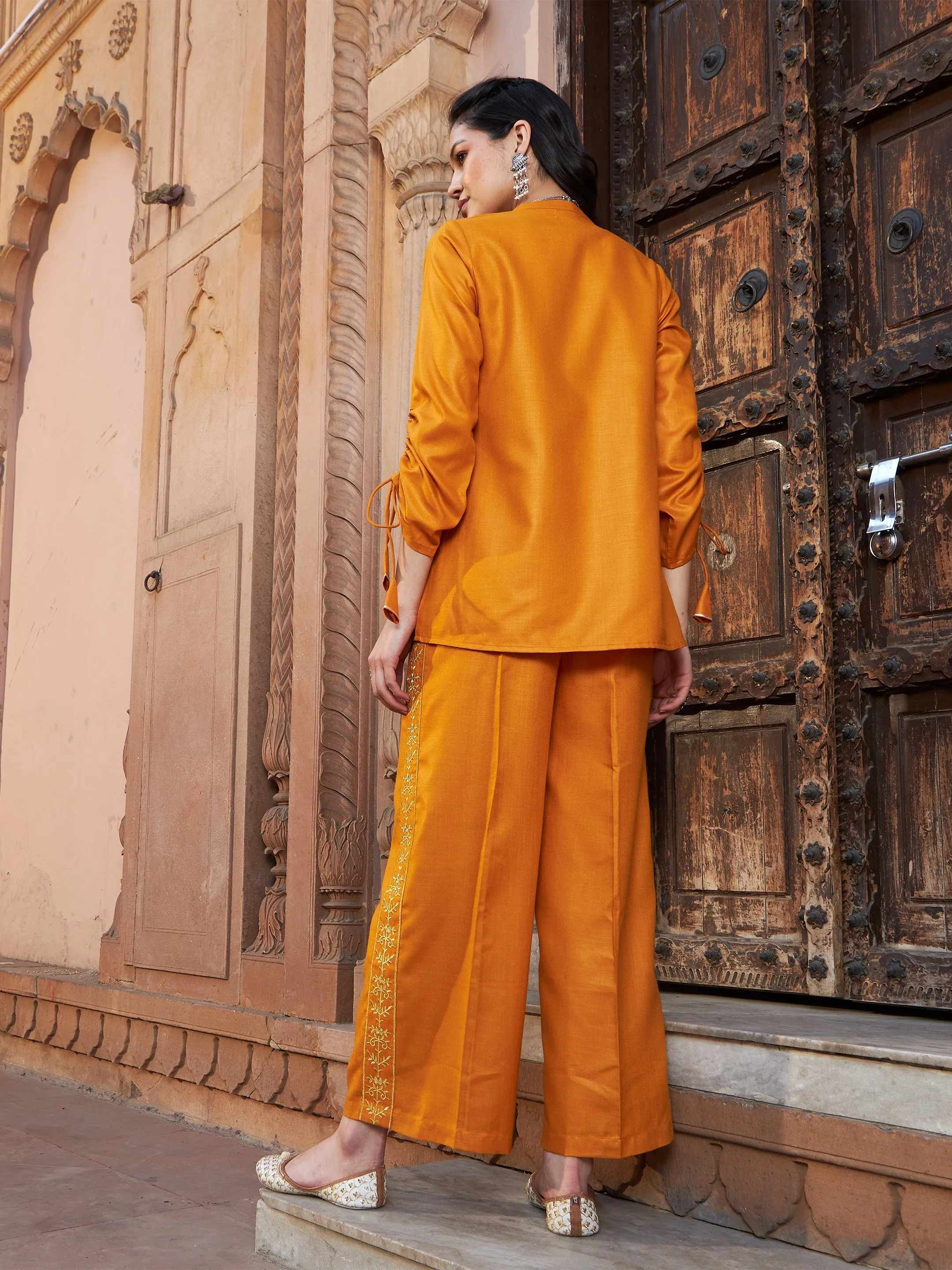 Women Mustard Ruched Sleeve Top With Embroidered Pants