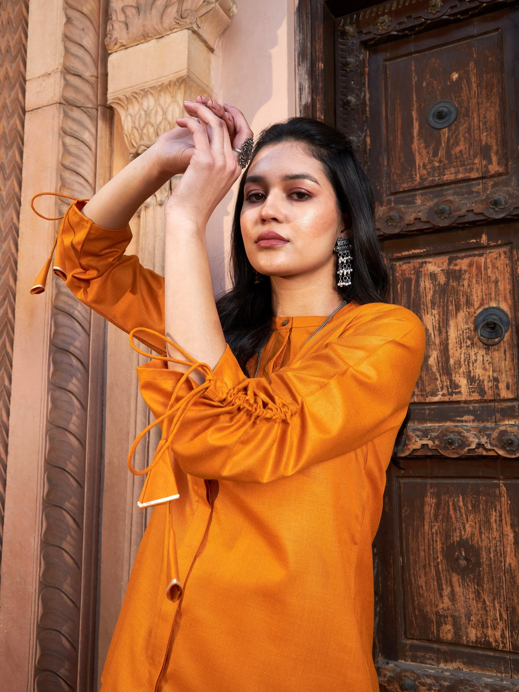 Women Mustard Ruched Sleeve Top With Embroidered Pants