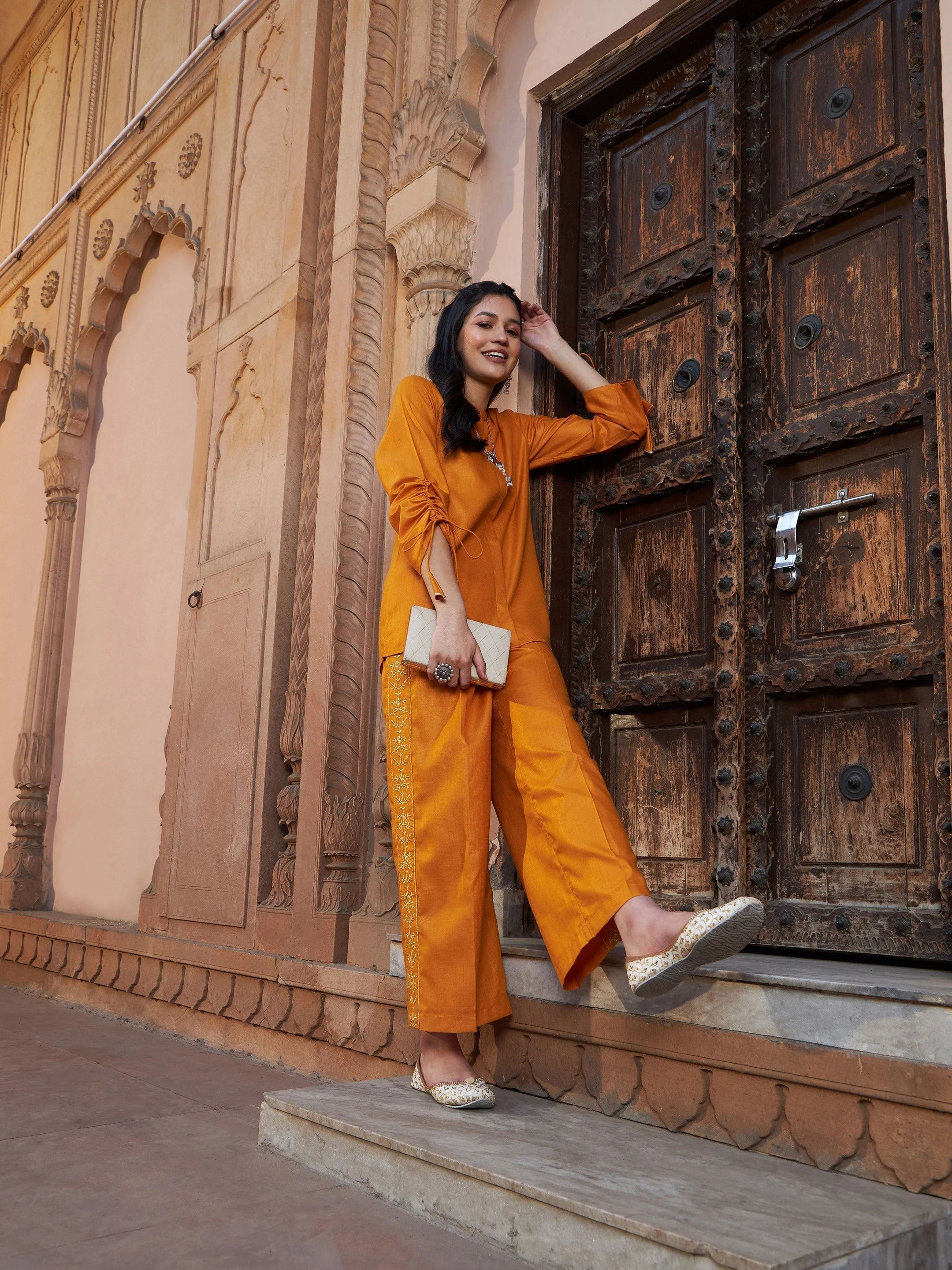 Women Mustard Ruched Sleeve Top With Embroidered Pants