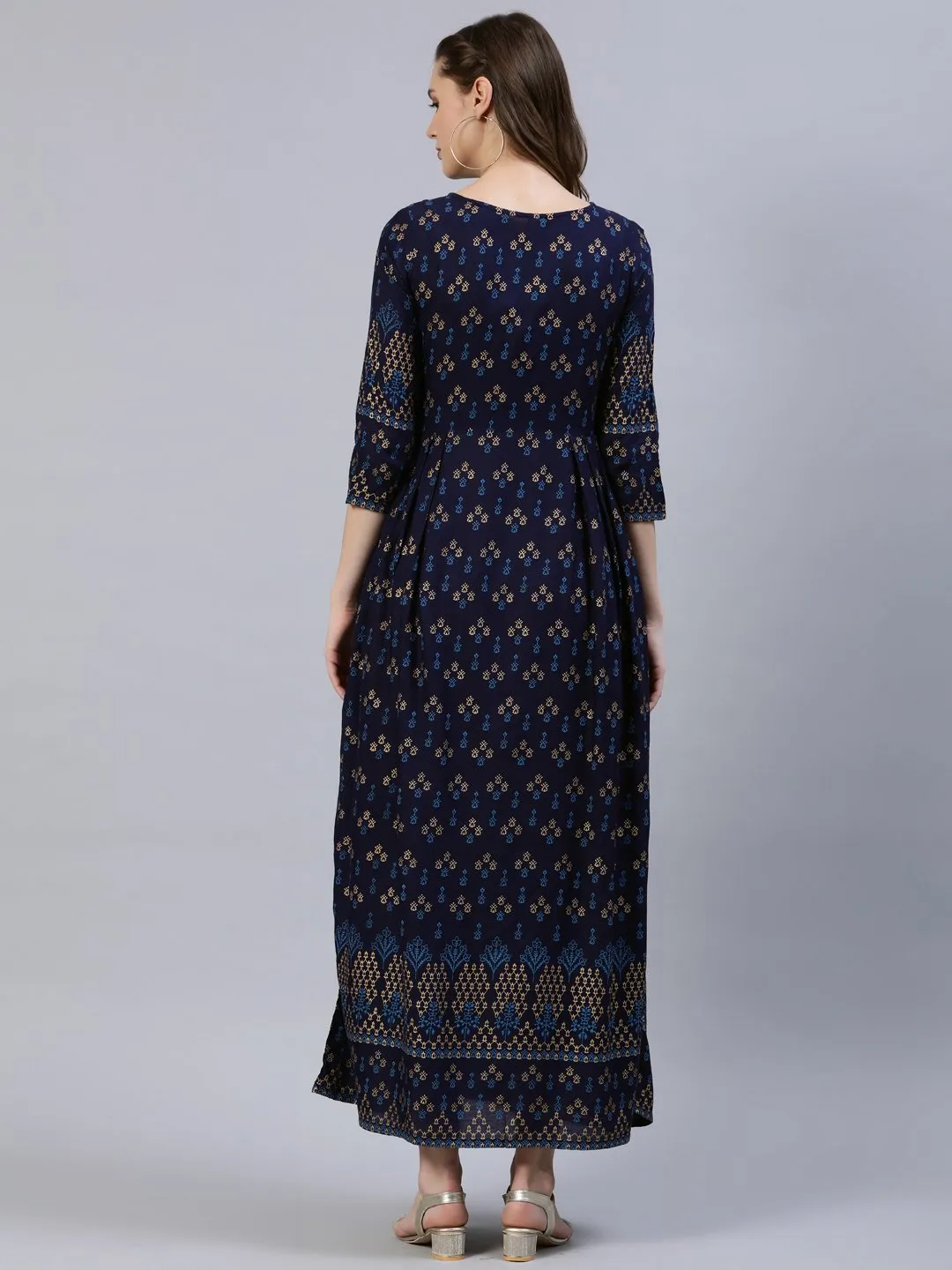 Women Navy Blue & Gold Printed Dress With Three Quarter Sleeves