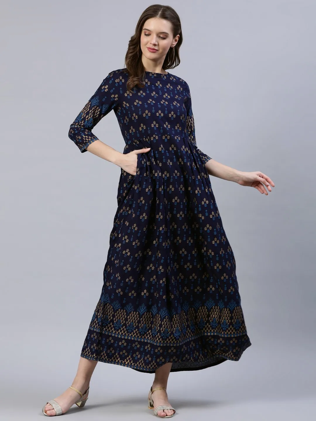 Women Navy Blue & Gold Printed Dress With Three Quarter Sleeves