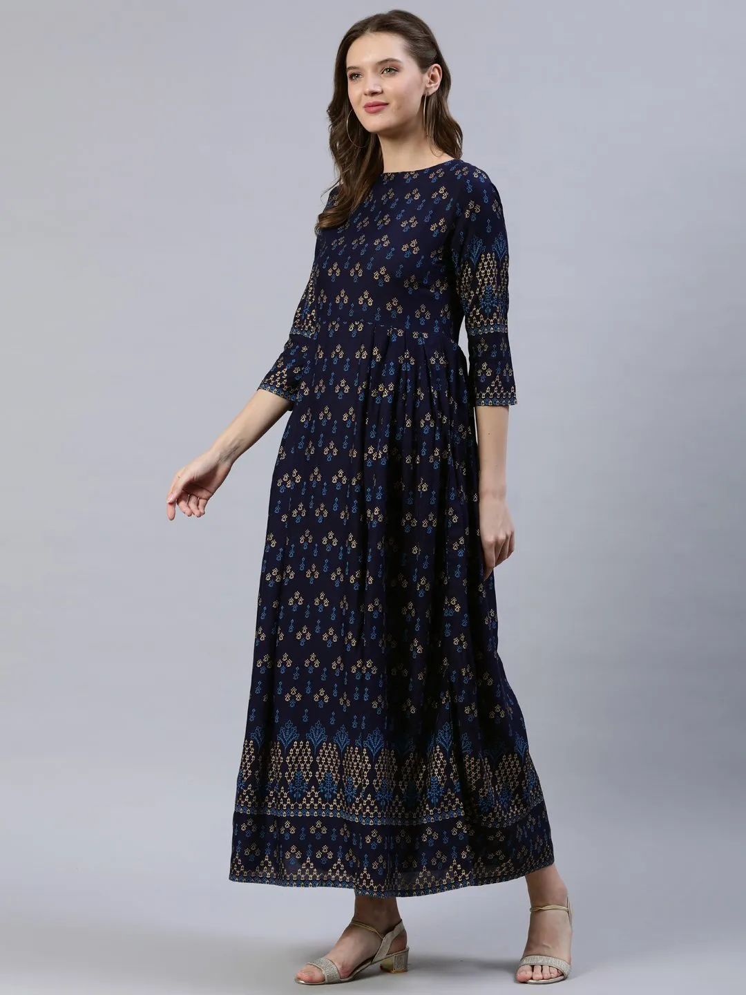 Women Navy Blue & Gold Printed Dress With Three Quarter Sleeves