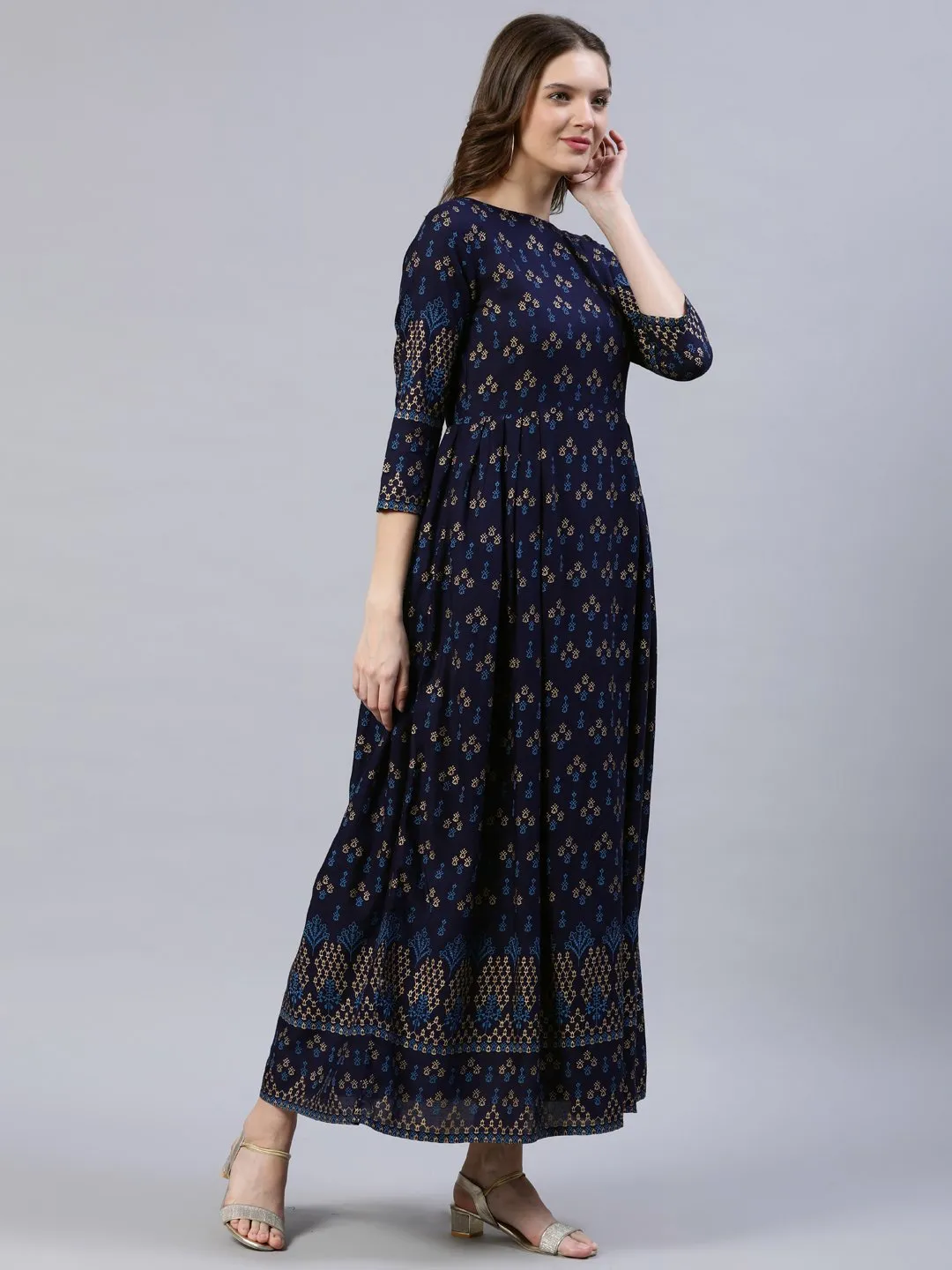 Women Navy Blue & Gold Printed Dress With Three Quarter Sleeves