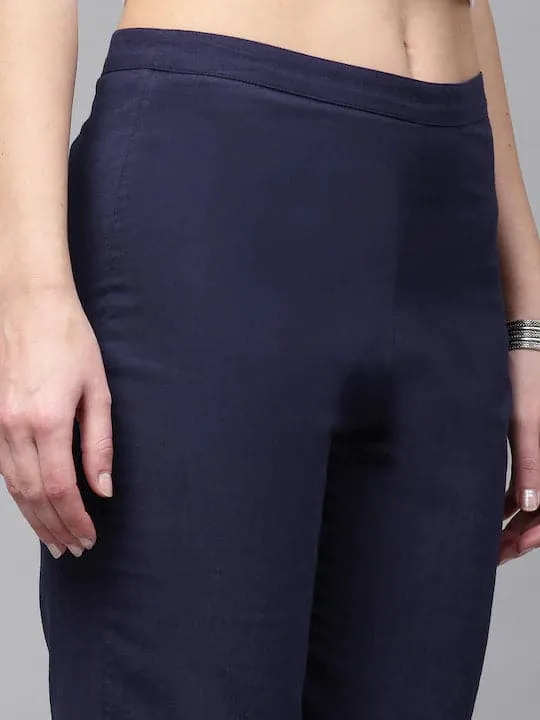 Women Navy Blue Regular Fit Solid Cropped Trousers