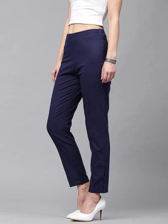 Women Navy Blue Regular Fit Solid Cropped Trousers