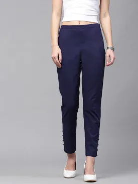 Women Navy Blue Regular Fit Solid Cropped Trousers