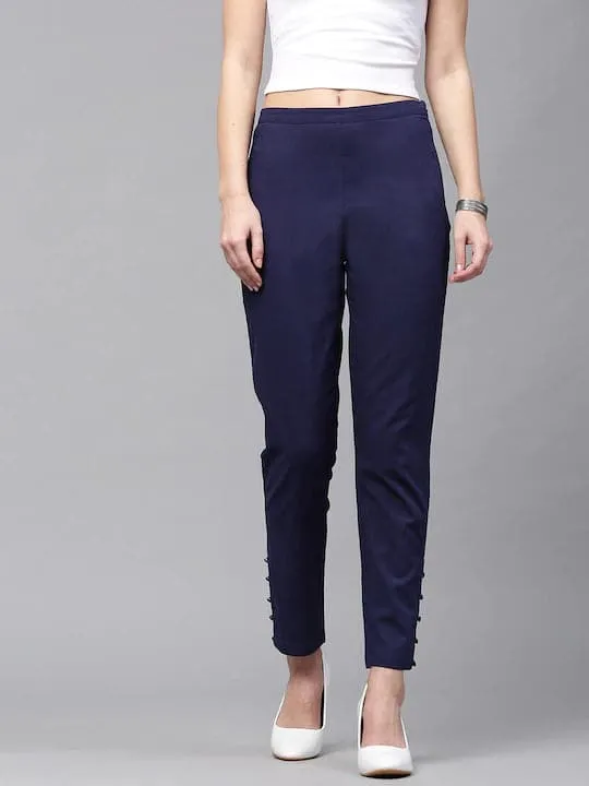 Women Navy Blue Regular Fit Solid Cropped Trousers