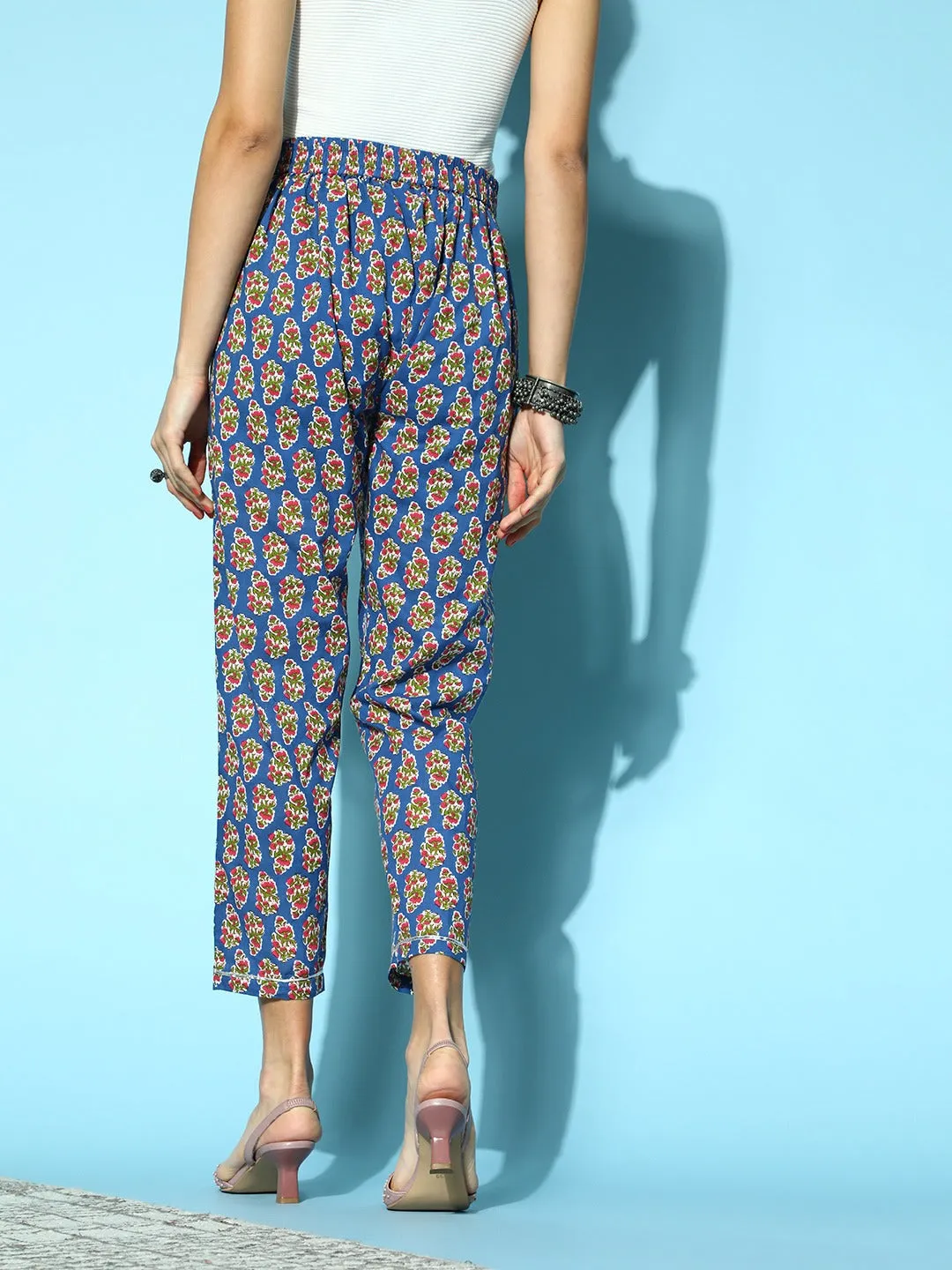 Women Navy Booti Floral Pencil Pants