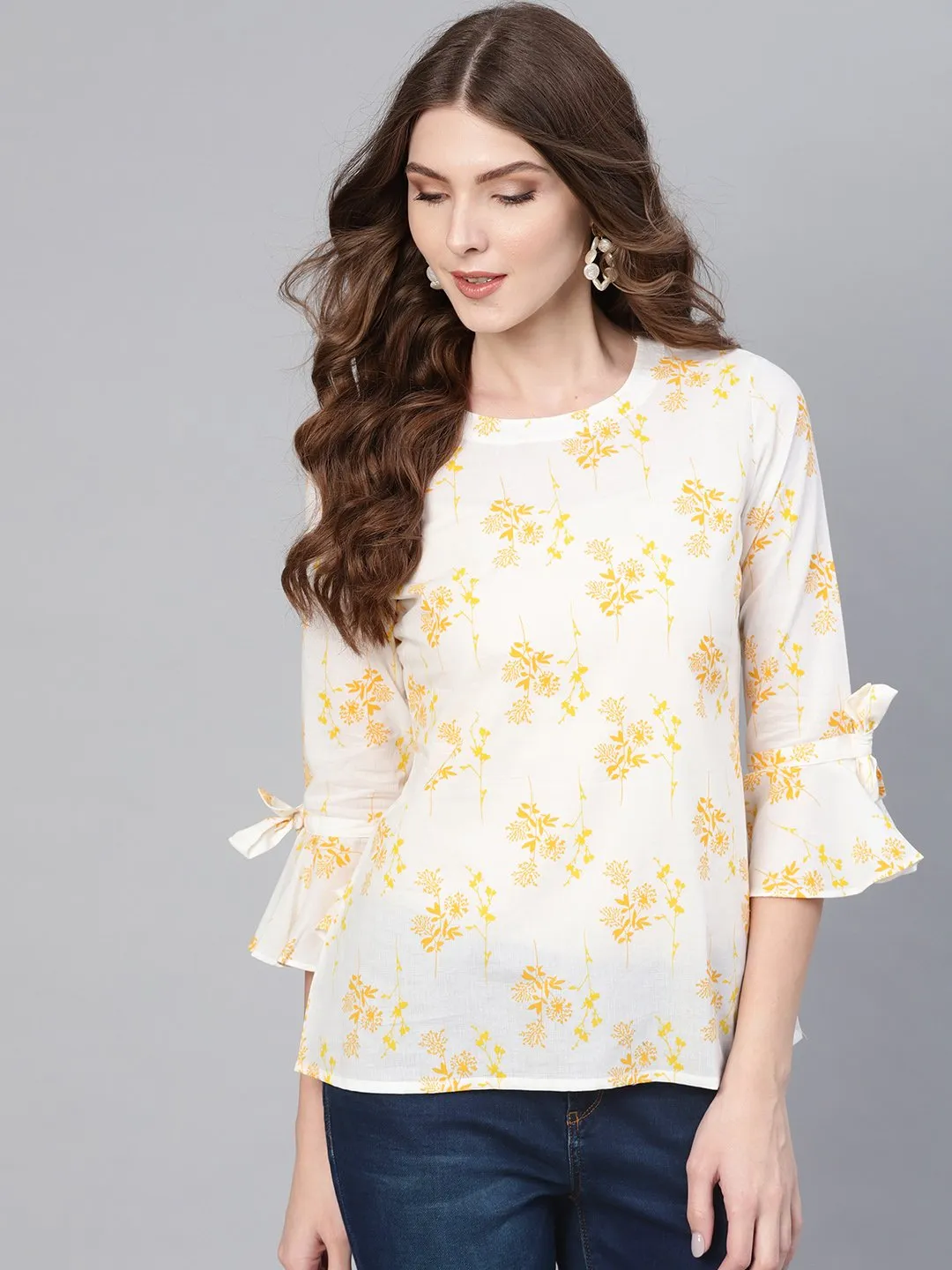 Women Off-White & Yellow Printed Top