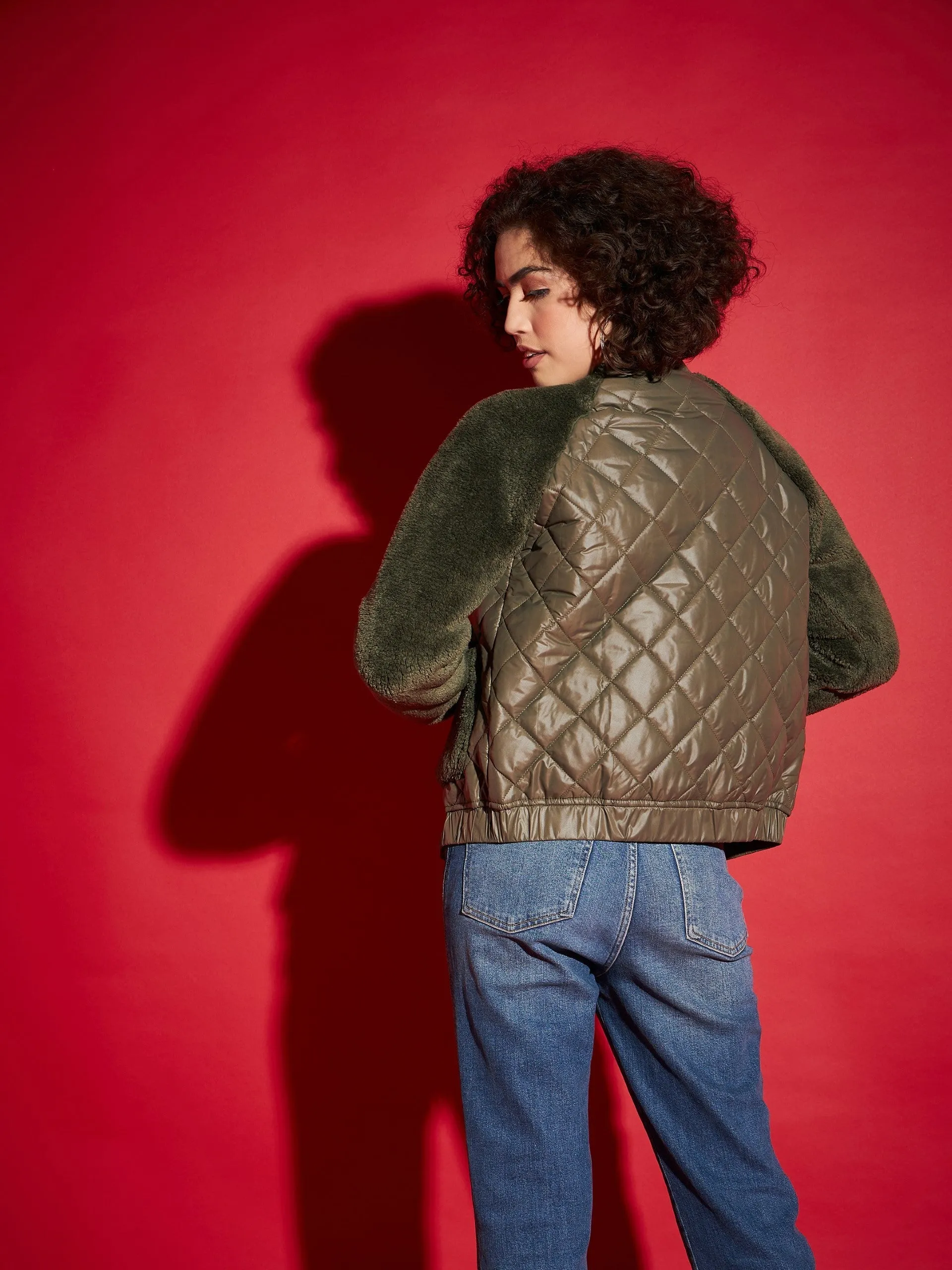 Women Olive Faux Fur Detail Bomber Jacket