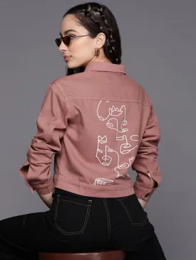 Women Peach Line Art Print Denim Jacket