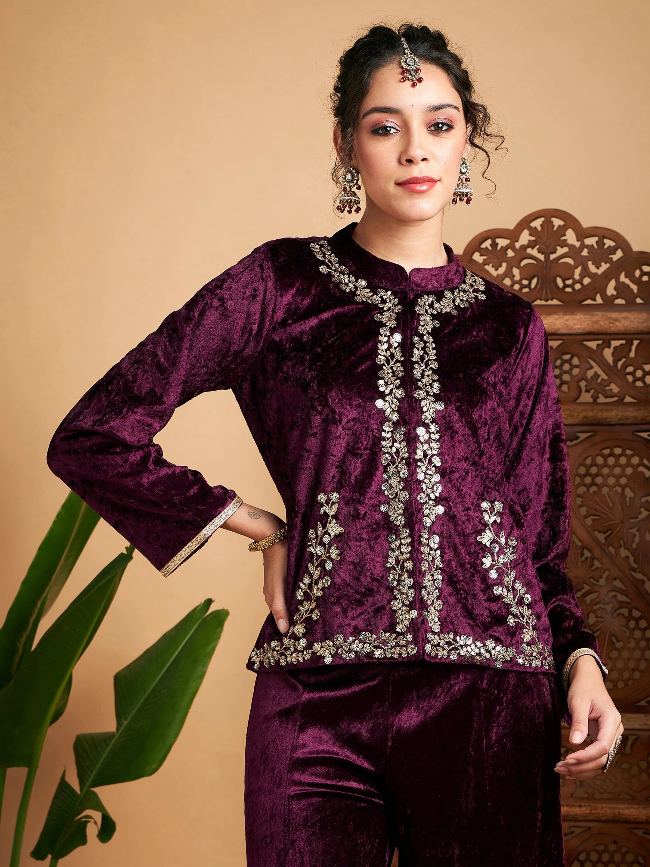 Women Purple Velvet Embroidered Jacket