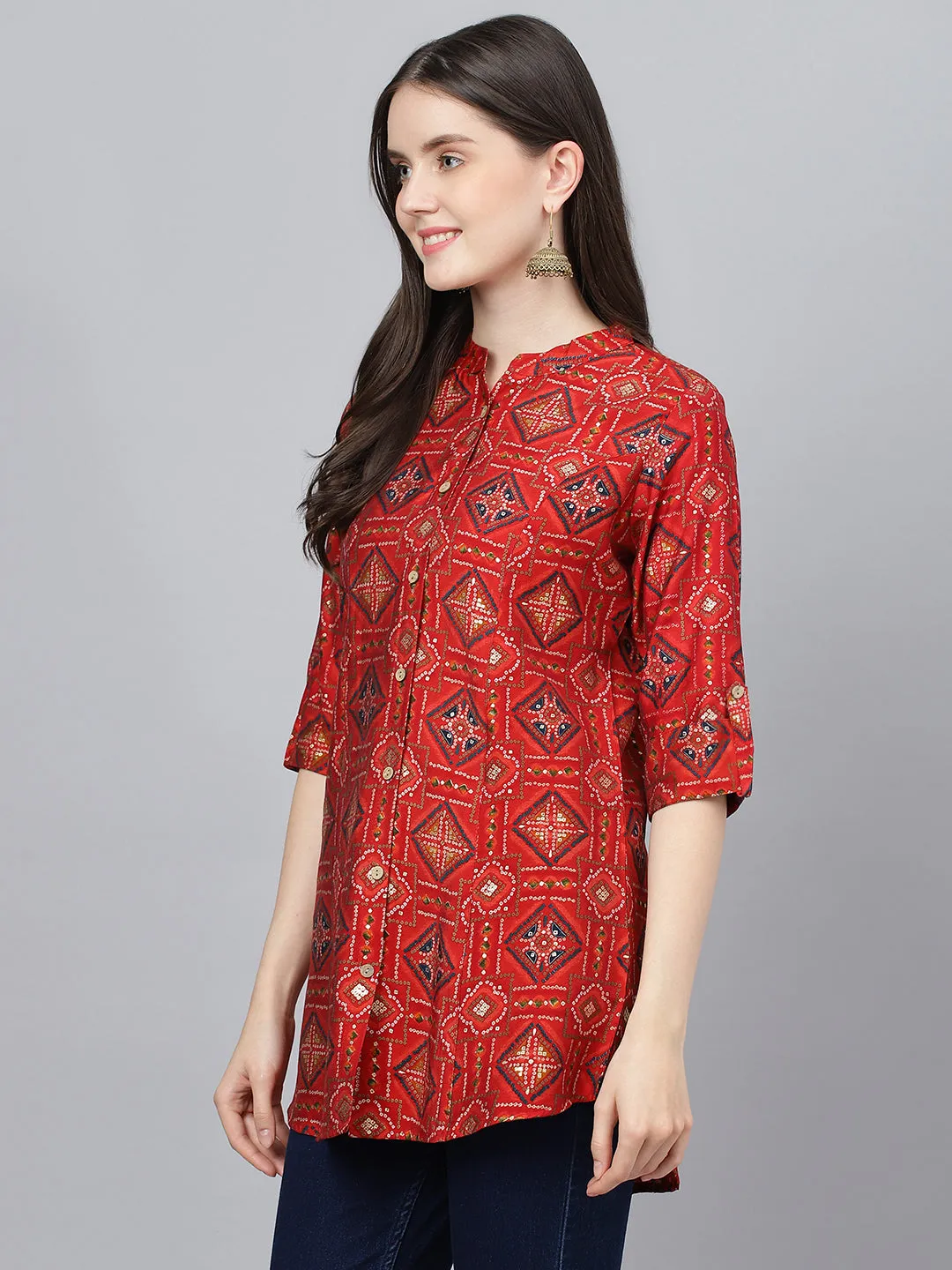 Women Red Bandhani Printed Modal A-Line Shirts Style Top