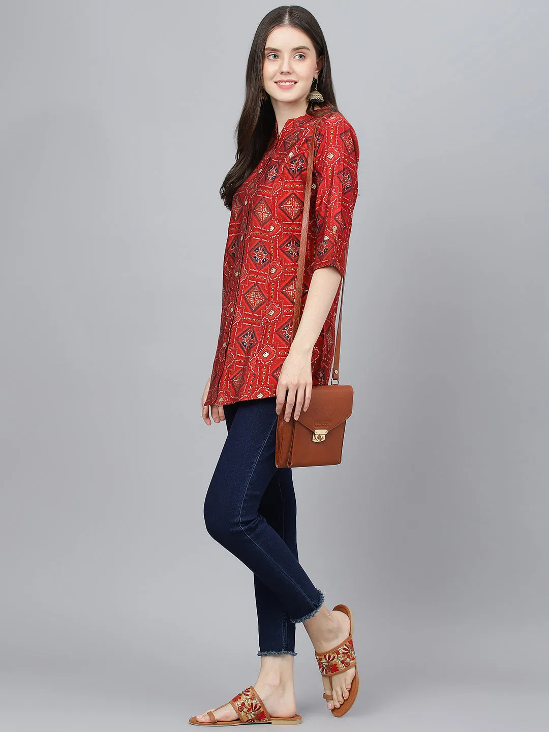 Women Red Bandhani Printed Modal A-Line Shirts Style Top