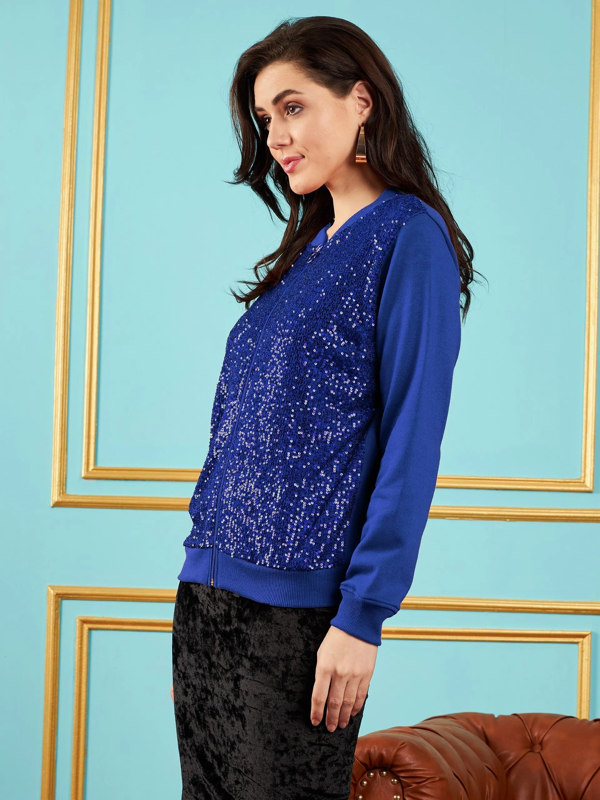 Women Royal Blue Sequin Jacket