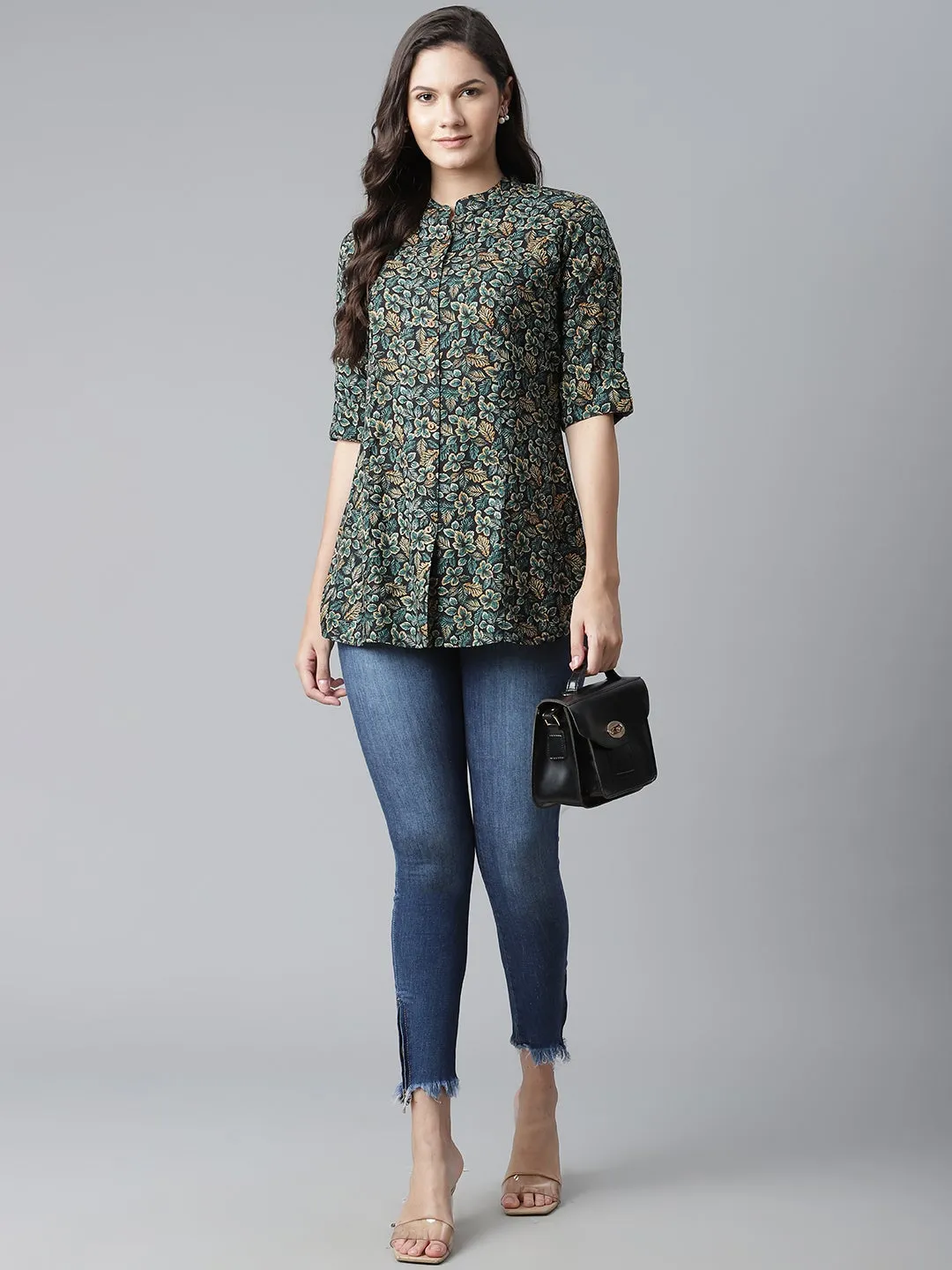 Women'S Navy Blue Green Rayon Printed Top