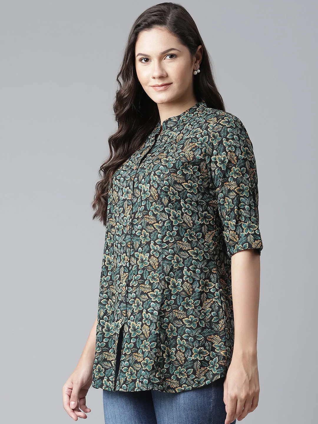 Women'S Navy Blue Green Rayon Printed Top