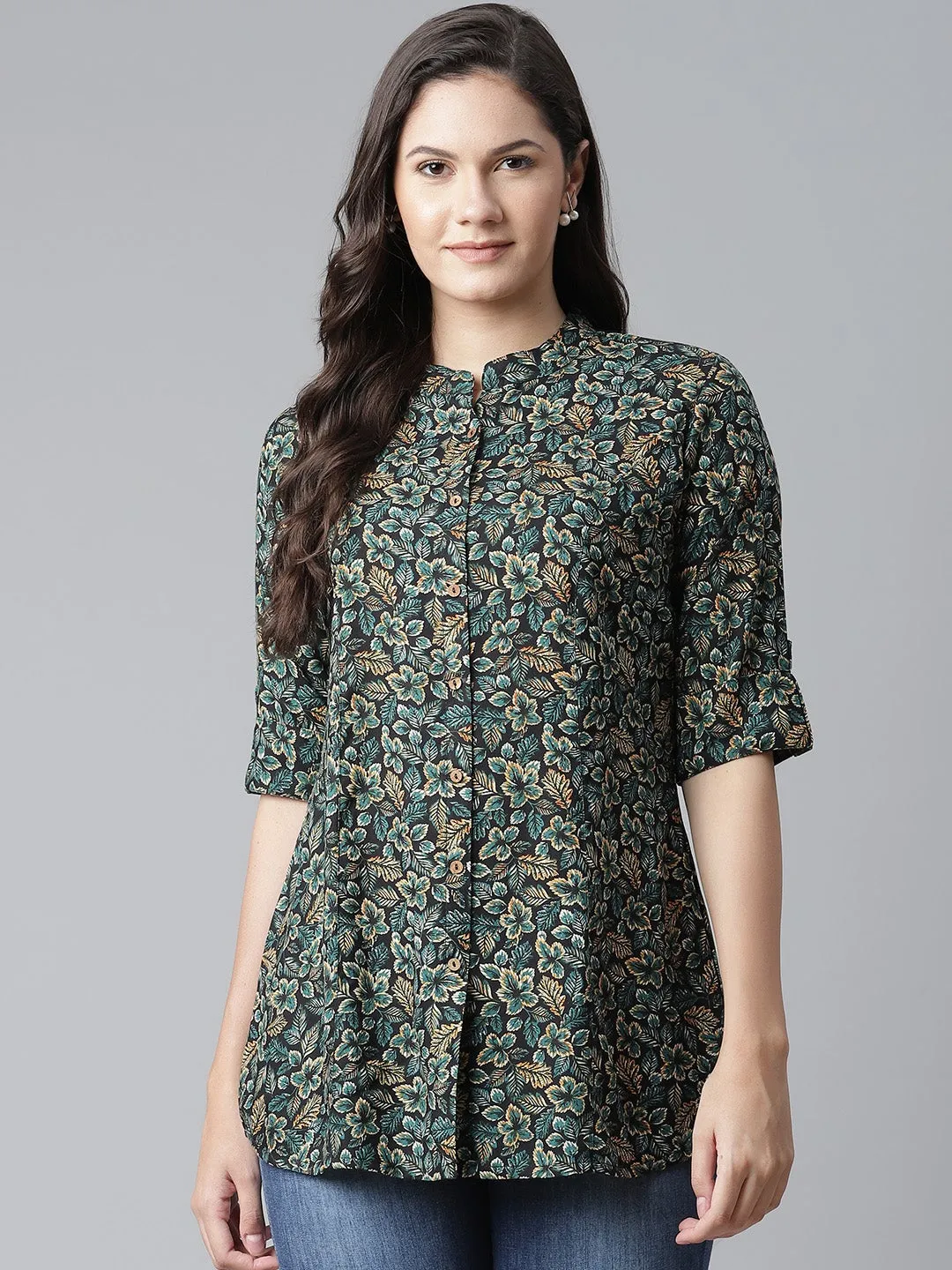 Women'S Navy Blue Green Rayon Printed Top