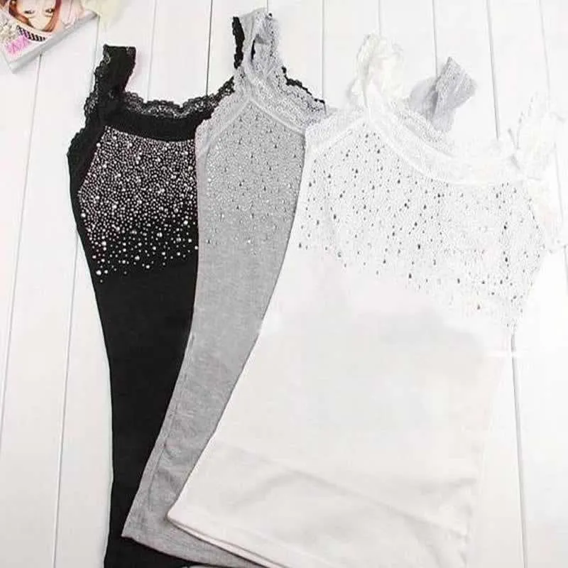 Women's Rhinestone Lace Stunning Based Sleeveless Vest Tank Top Tee T-Shirt Black White Gray A1250-448E