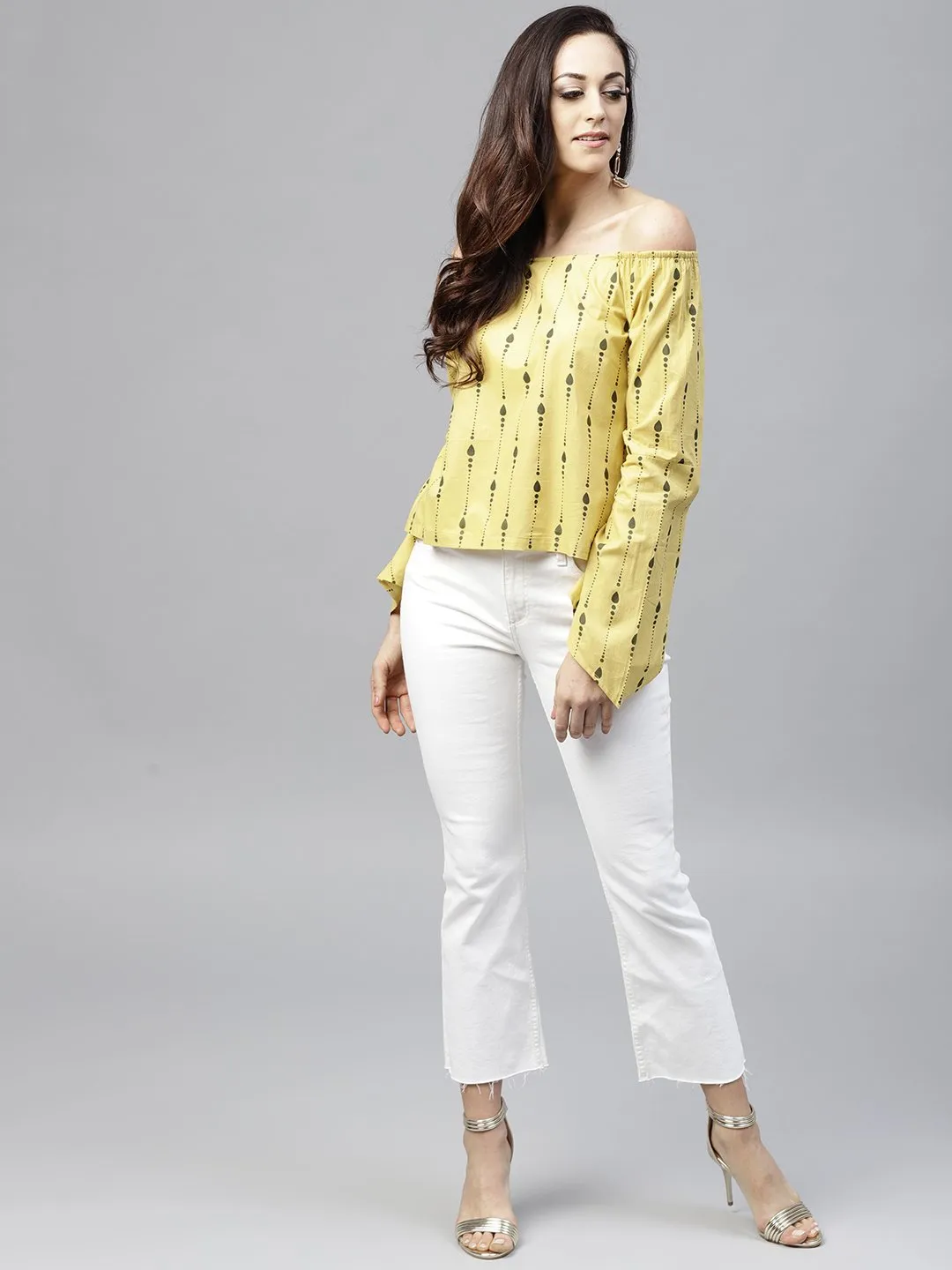 Yellow Off Shoulder Full Sleeve Cotton Top