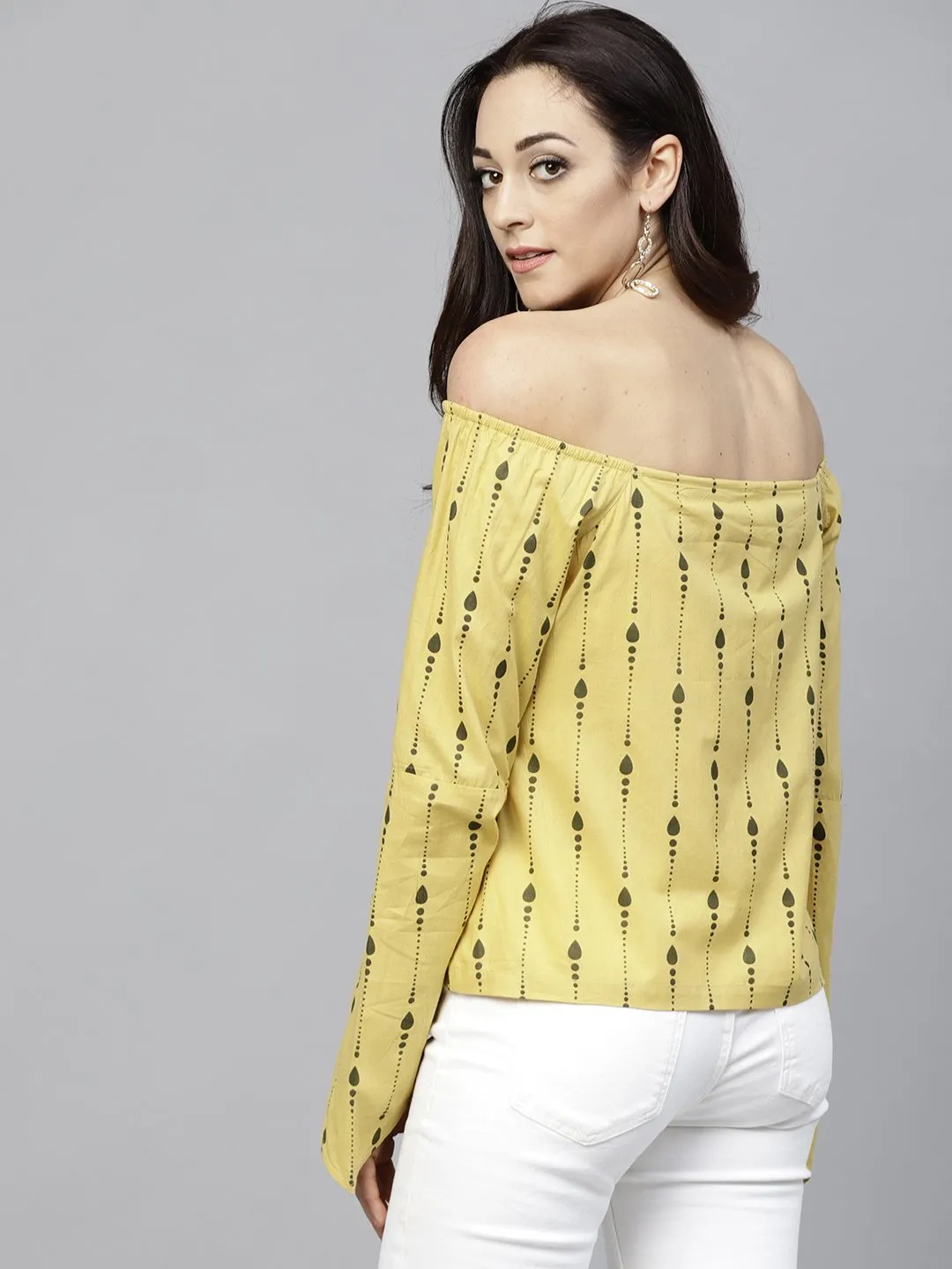 Yellow Off Shoulder Full Sleeve Cotton Top