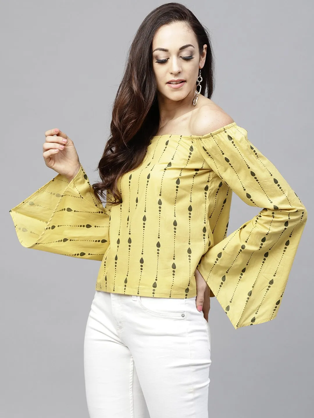 Yellow Off Shoulder Full Sleeve Cotton Top